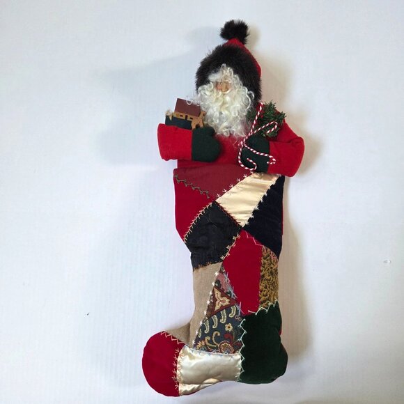 Vintage House of Hatten Crazy Quilt Patchwork Stocking 3D Santa Folk Art - Picture 1 of 11